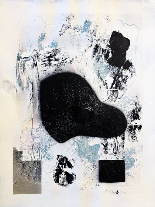 A dark, irregularly-shaped black mass dominates the center of a mixed-media composition, contrasted against soft blue and beige textured backgrounds that evoke the interplay of light and shadow described in "Core of silence." Additional black elements—including a small square and abstracted forms—ground the piece within its atmospheric, contemplative mood.