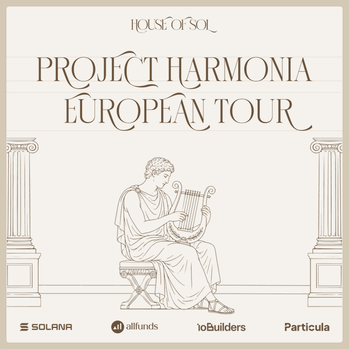 Promotional graphic for "Project Harmonia European Tour" by House of Sol, featuring a classical Greek-style line illustration of a seated figure playing a lyre between two Ionic columns, with sponsor logos (Solana, Allfunds, ioBuilders, and Particula) displayed at the bottom—visually evoking the "Harmonia" (goddess of harmony) brand while announcing the multi-city European tour kicking off in London.