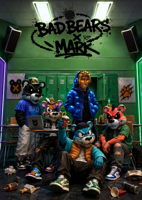 A digital artwork titled 'BAD BEARS x MARX' showing stylized anthropomorphic bears in colorful streetwear and masks in a school hallway with green lockers, including a human character with golden headphones.