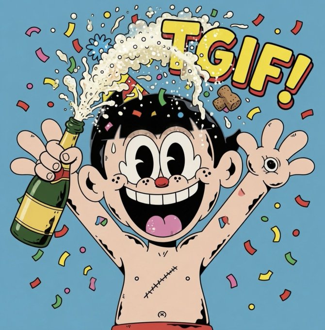 A cartoon illustration of a wide-eyed, grinning boy spraying champagne with one hand while the other hand shows a scared face on the palm, surrounded by confetti and the word 'TGIF!'.