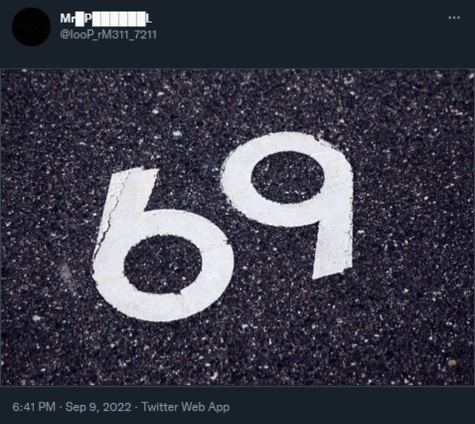 A tweet posted on September 9, 2022, at 6:41 PM features an image of the numbers "69" painted in white on dark asphalt. The accompanying post references the date "9/6" and predicts a "catastrophic rise" for XRPBTC.