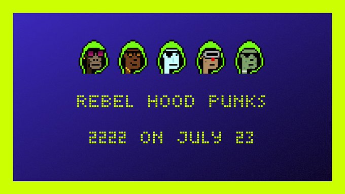 Pixel art graphic on a purple background announcing "REBEL HOOD PUNKS 2222 ON JULY 23" with five hooded character sprites.
