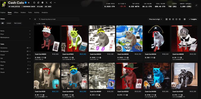 The image shows the Robinhood "Cash Cats" NFT marketplace page, displaying a collection of cartoon cat NFTs with prices ranging from 0.222 ETH to 0.372 ETH, a floor price of 0.2525 ETH, and a market cap of 695.46 ETH. The collection of quirky, meme-style cat illustrations directly illustrates the post's point about Robinhood reviving fun NFT and meme culture with early-adoption crypto vibes.
