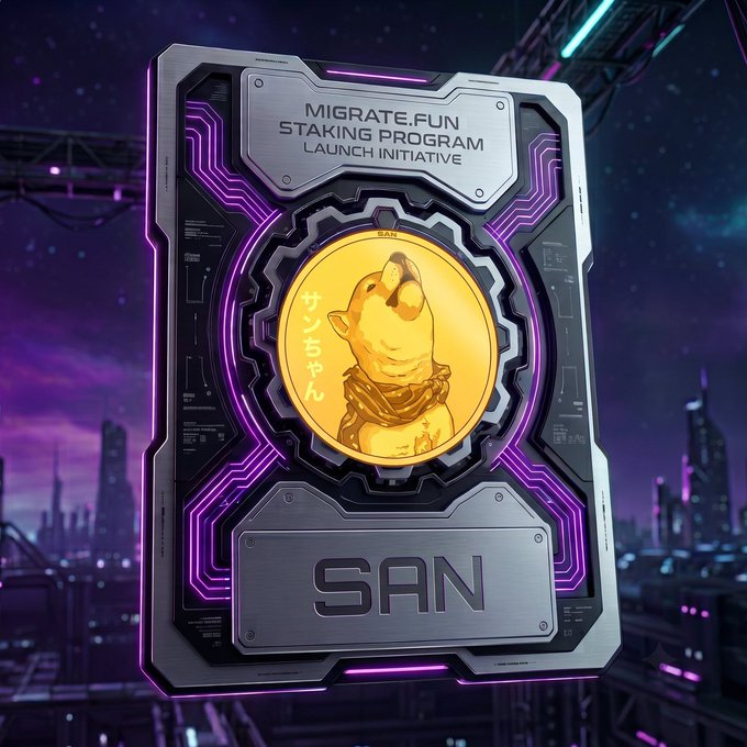 A futuristic cyberpunk-style promotional card displays "MIGRATE.FUN STAKING PROGRAM LAUNCH INITIATIVE" at the top with a central golden coin featuring the Shiba Inu mascot and "SAN" branding below, set against a neon purple cityscape. The image directly ties to the post by visually commemorating Sanchankantaro's ($SAN) inclusion as an inaugural alumni partner in the Migratefun staking initiative.
