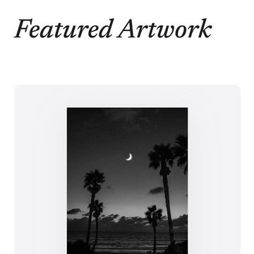 The image displays "Featured Artwork" as a header above a black-and-white photograph of silhouetted palm trees against a twilight sky with a crescent moon. This complements the post about being featured on @mallowdotart, with the photo being the featured piece shot at Solana Beach, California when SOL was around $8, as referenced in the accompanying caption.