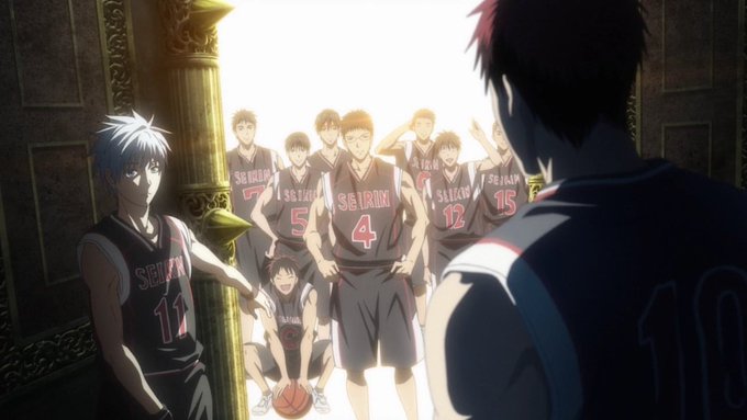 An anime scene showing the Seirin High basketball team in red and black "SEIRIN" jerseys walking through a doorway, with player number 10 facing them in the foreground.