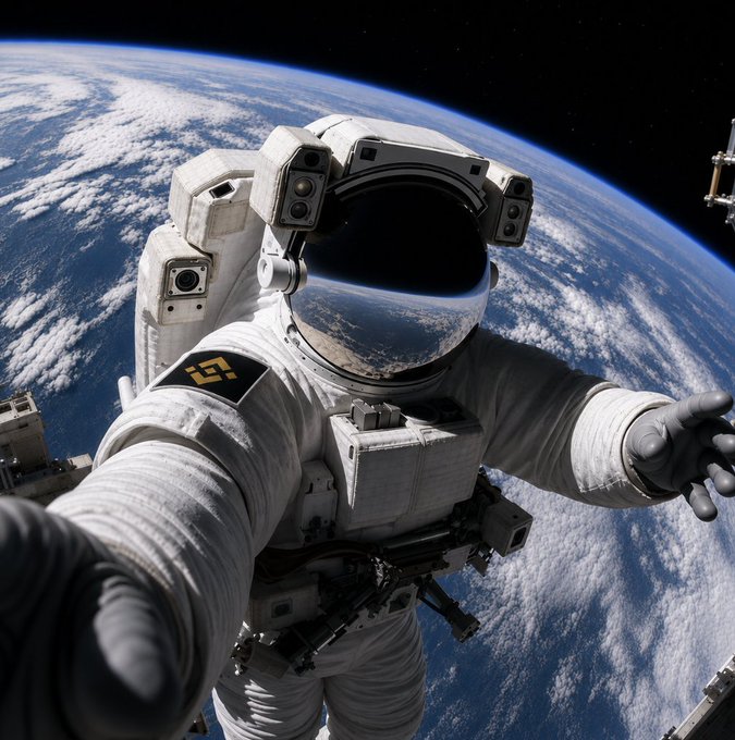 An astronaut in a white spacesuit takes a selfie with Earth visible in the background, featuring a yellow mission patch displaying the number "9". The image complements the salute (🫡) in the caption, portraying a cosmic "good morning" gesture to early risers.