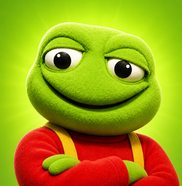 A plush frog character resembling Pepe the Frog stands with arms crossed against a bright green background, visually reinforcing the "$TOAD" meme coin launch on Robinhood Chain. The frog imagery ties directly to the post's hashtags #TOAD and #PEPE, referencing the popular frog-themed meme culture driving the token.