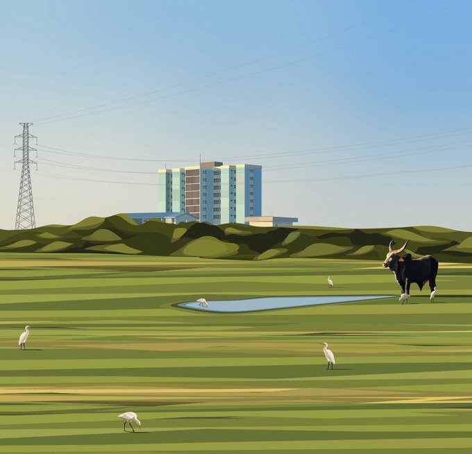 An illustration of a pastoral landscape featuring a green field with white egrets, a black bull, a small pond, a distant blue apartment building, and an electrical transmission tower.
