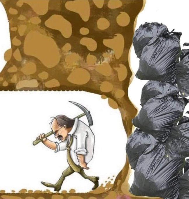 A weary man carrying a pickaxe walks away from a towering wall of mud and stagnant waste, with a stack of garbage bags looming ominously on the right—visually capturing the exhausting, dirty effort of finally leaving ARC.
