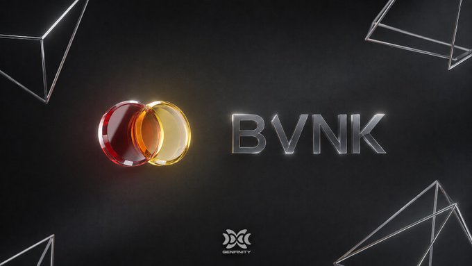 A dark background showcases the "BVNK" logo in metallic silver letters next to two overlapping red and gold rings, with geometric wireframe triangles framing the scene.