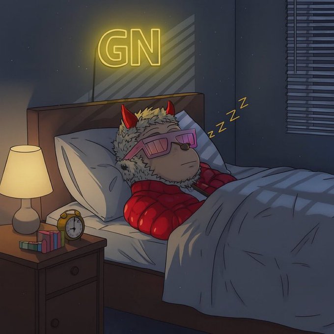 An illustration of a furry creature with red horns and pink sunglasses sleeping in a red puffy jacket under a blanket, with a "GN" neon sign above the bed, "ZZZ" symbols, a bedside lamp, alarm clock, and Rubik's cube on the nightstand.