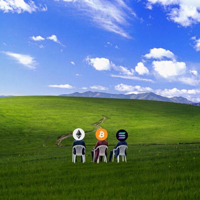 Three figures with Ethereum, Bitcoin, and Solana logos sit on white plastic chairs overlooking a vast green meadow, symbolizing crypto investors enjoying a bullish "everything is green" Monday market.