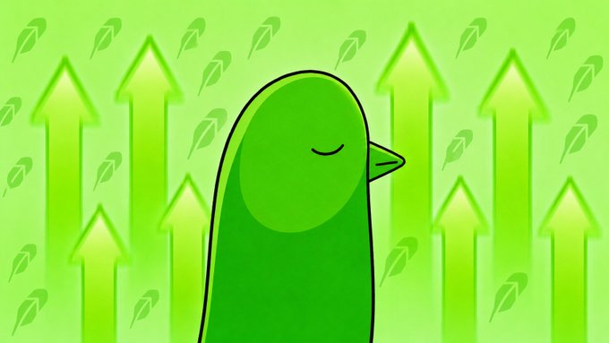 A cartoon green bird character with closed eyes stands against a light green background filled with upward-pointing arrows and scattered leaf shapes.