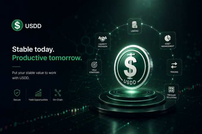 A promotional graphic for USDD stablecoin reading 'Stable today. Productive tomorrow.' with icons for lending, asset management, trading, treasury solutions, yield strategies, and liquidity provision.