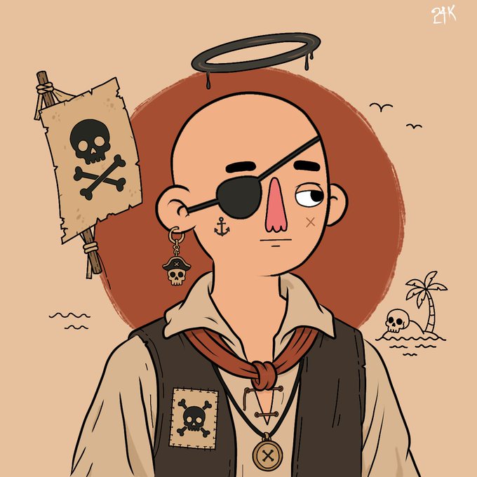 A stylized illustration shows a bald pirate with an eyepatch, skull earring, anchor and X facial tattoos, a halo, and a skull-and-crossbones patch on his vest, standing before a brown circular backdrop flanked by a tattered Jolly Roger flag and a tiny island with a palm tree and skull. The artist's signature "24K" appears in the upper right corner. The image embodies the post's message of resilience, depicting a weathered seafarer who, despite his scars and symbolic burdens, still presses on with quiet determination.