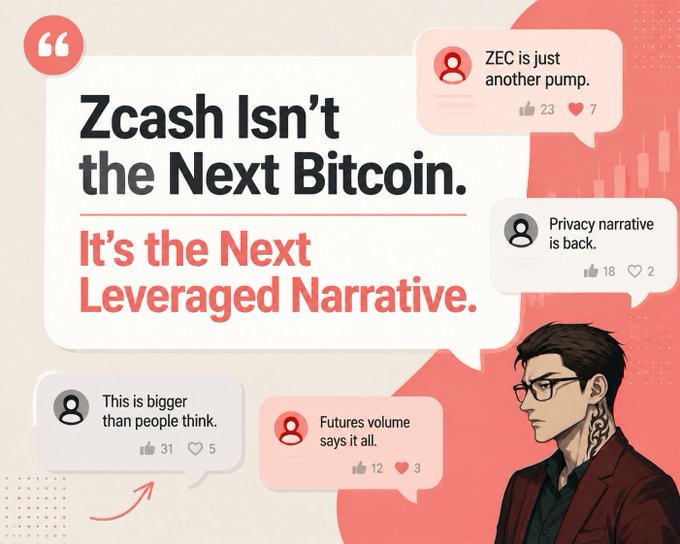 The image features a stylized graphic with the headline "Zcash Isn't the Next Bitcoin. It's the Next Leveraged Narrative," surrounded by social media-style comment bubbles containing phrases like "ZEC is just another pump," "Privacy narrative is back," "This is bigger than people think," and "Futures volume says it all," along with a cartoon illustration of a man with glasses. It visually supports the post's argument by highlighting the speculative, hype-driven sentiment around ZEC, reinforcing the warning that the nearly 50% price surge to above $850 was fueled by $4.55 billion in futures volume versus only $553 million in spot—signaling leverage, not real institutional conviction.