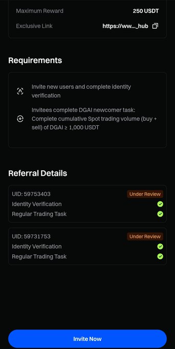 A mobile app referral screen showing a 250 USDT maximum reward with requirements to invite new users and complete cumulative Spot trading volume of 1,000 USDT, listing two referrals under review with completed identity verification and regular trading tasks.