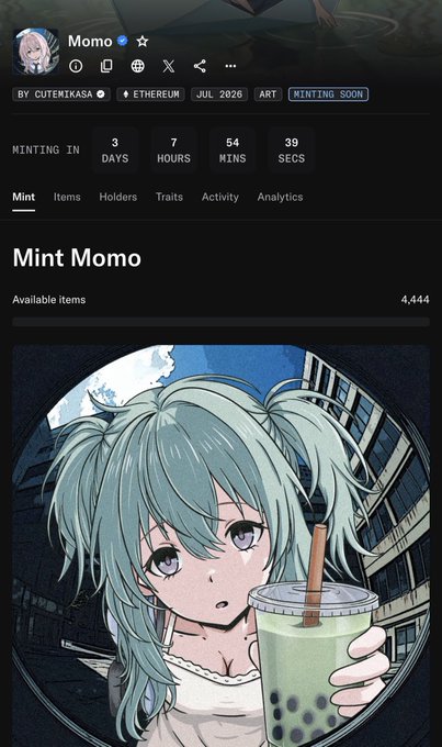 A NFT minting page titled "Mint Momo" by CuteNikaSa on Ethereum, scheduled for July 2026, showing an anime-style illustration of a teal-haired girl holding a bubble tea drink, with 4,444 available items.