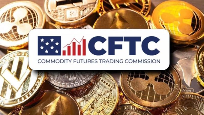 The CFTC (Commodity Futures Trading Commission) logo is overlaid on a pile of physical cryptocurrency coins, visually representing the agency's new "clear" crypto market structure rules. The image illustrates the CFTC's regulatory push into the cryptocurrency space, signaling that definitive oversight is underway.