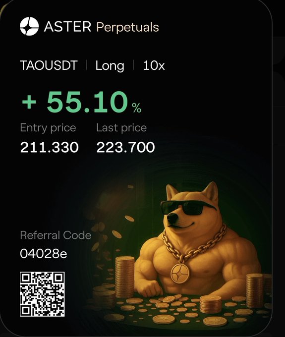 A promotional graphic for Aster Perpetuals showing a profitable TAOUSDT long position with 10x leverage, displaying a +55.10% gain (entry at 211.330, last price 223.700), accompanied by a muscular Dogecoin mascot wearing sunglasses and surrounded by gold coins. The image includes a referral code "04028e" and QR code, illustrating the poster's excitement about getting started with $TAO trading on the platform.