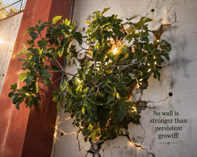 A green plant growing through a cracked concrete wall with the inspirational text 'No wall is stronger than persistent growth.'