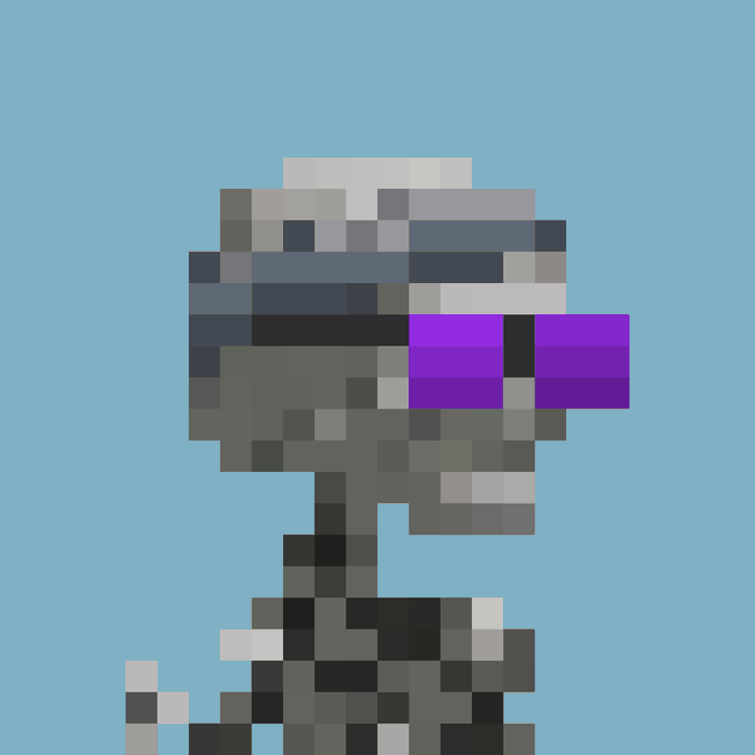 A pixel art rendering of a person wearing a white and dark helmet with a purple visor against a solid blue background.