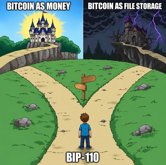 A 'choose your path' meme showing a boy facing two castles—one labeled 'BITCOIN AS MONEY' in sunlight, the other 'BITCOIN AS FILE STORAGE' in a stormy scene—with the boy labeled 'BIP-110'.
