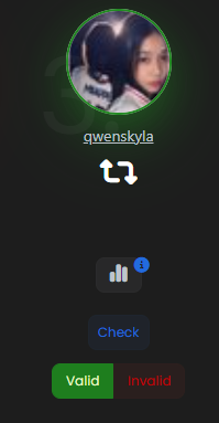 The image shows a verification interface with the username "qwenskyla" displayed beneath a profile photo of a person in a checkered jacket, with options to "Check" validity, and "Valid" or "Invalid" buttons below. It appears to be a scam verification tool associated with a fake "$350 BTC GIVEAWAY" tweet from @JuicyFruityyy claiming qwenskyla as the winner.