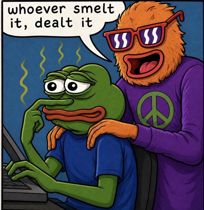 A cartoon illustration features a sad-looking green Pepe the Frog typing on a computer, while a smiling orange furry character with red sunglasses and a peace-sign shirt leans over his shoulder saying 'whoever smelt it, dealt it.'