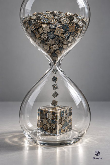 An hourglass made of clear glass filled with hundreds of tiny microchips and computer processors, showing them falling from the top bulb and forming a solid cube of circuitry in the bottom bulb, branded 'Brevis' in the corner.