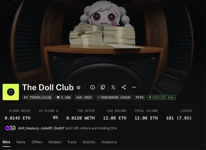 An NFT project called 'The Doll Club' (THEDOLLCLUB) on the Robinhood Chain shows a floor price of 0.0145 ETH with a green 'MINTING NOW' indicator.