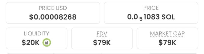 A crypto token dashboard displays key metrics: a price of $0.00008268 USD (0.0₅1083 SOL), $20K liquidity, and both FDV and market cap at $79K. The image illustrates the post's "BREAKING" pitch showcasing a low-cap token with an approximately $80,000 market value, which the poster is promoting with promises of a potential 1000x gain.