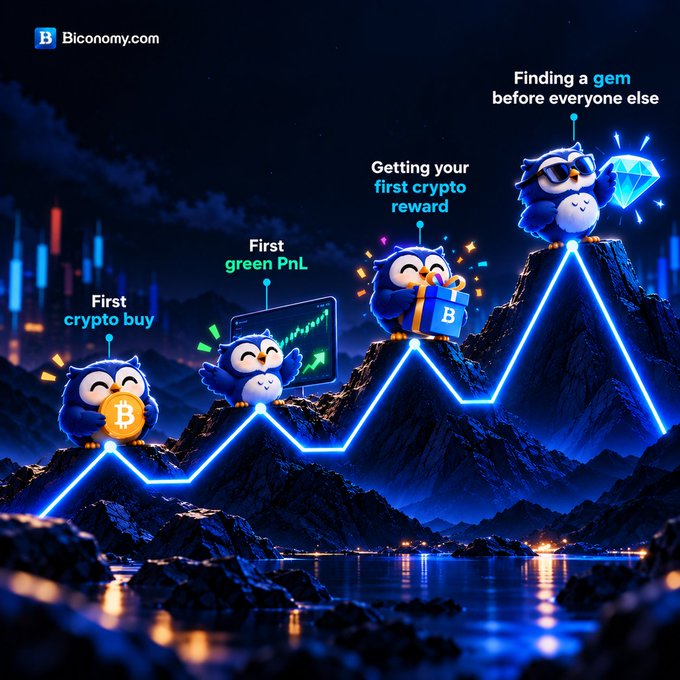 A Biconomy.com advertisement showing cartoon owls climbing a mountain, illustrating crypto milestones from "First crypto buy" to "Finding a gem before everyone else."