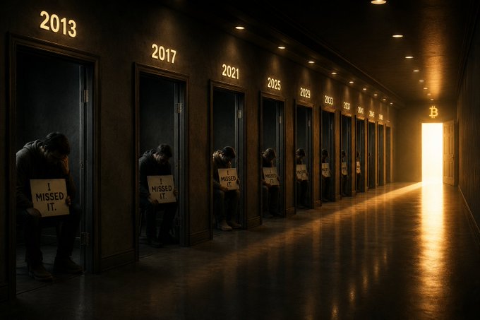 A dimly lit hallway shows figures slumped inside doorways labeled with years (2013, 2017, 2021, 2025, 2029, 2033...), each holding an "I MISSED IT" sign, with bright light streaming from an open door at the far end. The image visualizes the post's message about Bitcoin cycle skeptics who wrongly predicted each bull market would be the last, illustrating the regret of those who doubted and missed out.