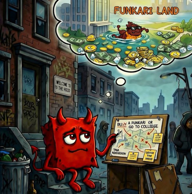 Cartoon illustration titled 'FUNKARI LAND' showing a red devil-like creature presenting a decision board about buying 'A FUNKARI OR GO TO COLLEGE,' while daydreaming of swimming in a pool of gold coins and money.