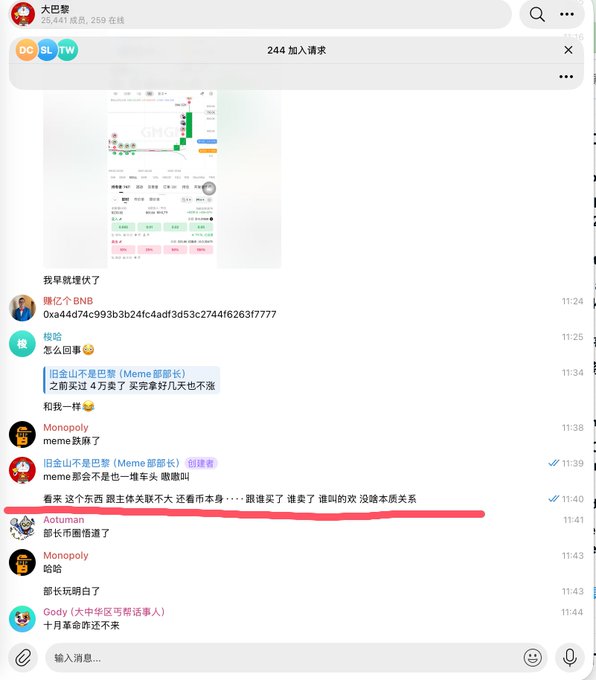 A Telegram group chat screenshot titled "大巴黎" (Paris Saint-Germain) with 244 join requests, showing members discussing the crashed Meme coin. The highlighted message from user "旧金山不是巴黎 (Meme部部长)" reads: "看来 这个东西 跟主体关联不大 还跟币本身⋯⋯跟谁买了 谁卖了 谁叫的鸡 没啥本质关系" (Looks like this thing has little to do with the main entity, nor with the coin itself... whoever bought it, whoever sold it, whoever called for it, there's essentially no inherent relationship), directly illustrating the user's point that meme coin price movements are disconnected from the KOLs shilling them.