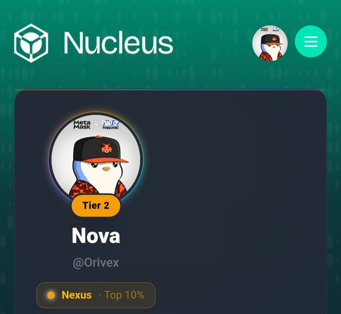 The image shows a "Nucleus" platform profile page displaying a user named "Nova" (@OriveX) at "Tier 2" and "Nexus · Top 10%" status, featuring a MetaMask avatar with a penguin character wearing a red cap. The profile visually demonstrates the smart reputation engine referenced in the post, showcasing how Nucleus evaluates and ranks users' on-chain activity to grant tiered access to premium Web3 opportunities.