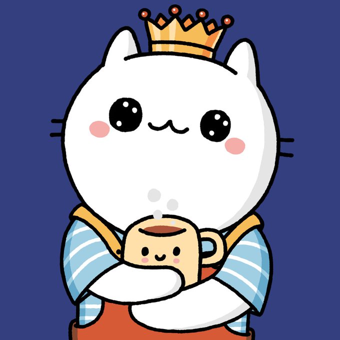 A cute cartoon illustration of a white cat wearing a golden crown and blue striped robe, holding a smiling mug of tea with steam rising from it against a dark blue background.