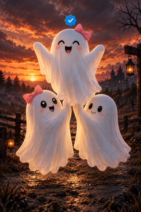 Three cute ghost characters with pink bows stand on a dirt path at sunset, with a blue verified checkmark above the central ghost.