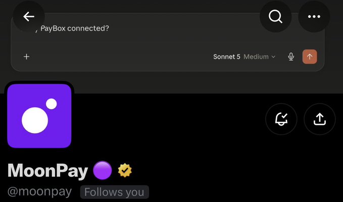 A screenshot shows the MoonPay (@moonpay) Twitter/X profile with a "Follows you" badge, as the user celebrates receiving a follow-back from the crypto payment company, jokingly referring to it as "PayBox mode activated." The top of the image displays an AI chat interface.