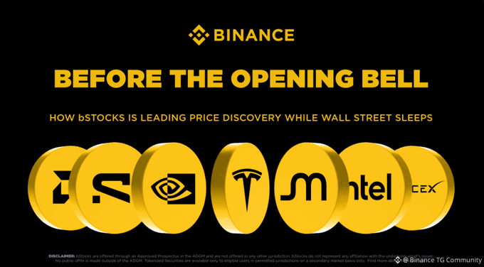 The image is a Binance-branded graphic titled "BEFORE THE OPENING BELL" with the subtitle "HOW $STOCKS IS LEADING PRICE DISCOVERY WHILE WALL STREET SLEEPS," featuring gold coins displaying logos of major companies including NVIDIA, Tesla, and Intel, alongside a disclaimer noting $STOCKS are offered through an Approved Prospectus as an ADGM. The graphic visually ties to the post's theme by illustrating how tokenized stocks enable around-the-clock trading of traditional equities outside Wall Street's regular hours.