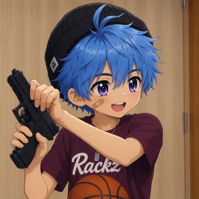 An anime-style boy with blue hair, a black beanie, and a bandage on his cheek smiles while holding a black handgun, wearing a maroon shirt that reads "Rackz" with a basketball graphic. The image captures the chaotic, attention-grabbing aesthetic of crypto/memecoin social media, mirroring the poster's frustration with their feed being overrun by pumpfun-fueled brainrot content chasing quick profits.