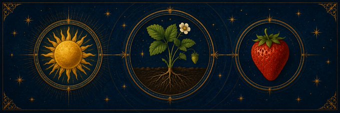 A celestial-themed banner image for the "$SOLBERRY" community on Moby, featuring three ornate golden-framed circular medallions against a starry navy background: a radiant golden sun on the left, a flowering strawberry plant with visible roots in the center, and a ripe red strawberry on the right, symbolizing the token's growth from solar energy to fruiting harvest.
