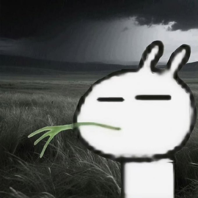 A simple white cartoon rabbit character with a leaf in its mouth stands in a desaturated grassy field under a dramatic, stormy sky.