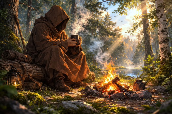 A fantasy illustration of a hooded figure sitting on a log by a campfire in a forest, holding a cup with steam rising, illuminated by sunlight.