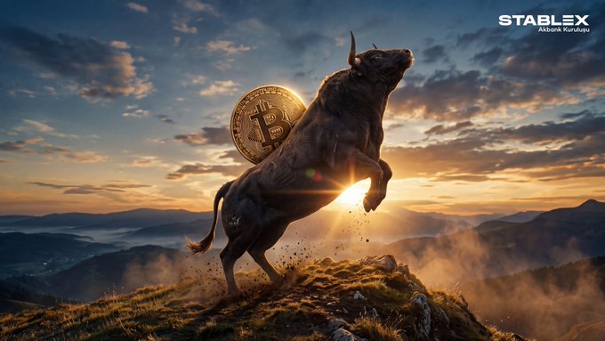 A dramatic digital illustration showing a muscular bull rearing up on a mountain peak at sunset, with a golden Bitcoin coin displayed on its side and the 'STABLEX' logo by Akbark Kurukuja.