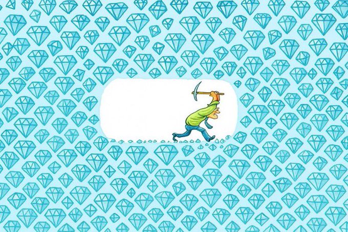 A blue patterned background filled with diamond icons, featuring a central illustration of a person with a pickaxe mining diamonds in a small cave.