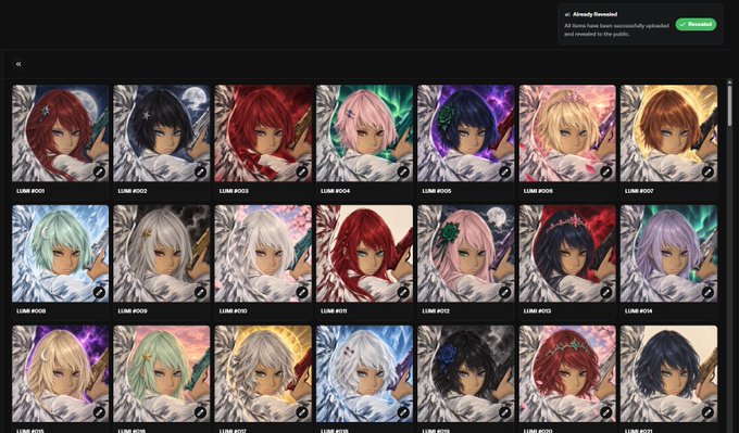 A grid of 18 anime-style character NFT thumbnails from the LUME collection (LUME #001-018), each featuring different colored hair with wing-like accessories, with a "Revealed" notification in the top right corner.
