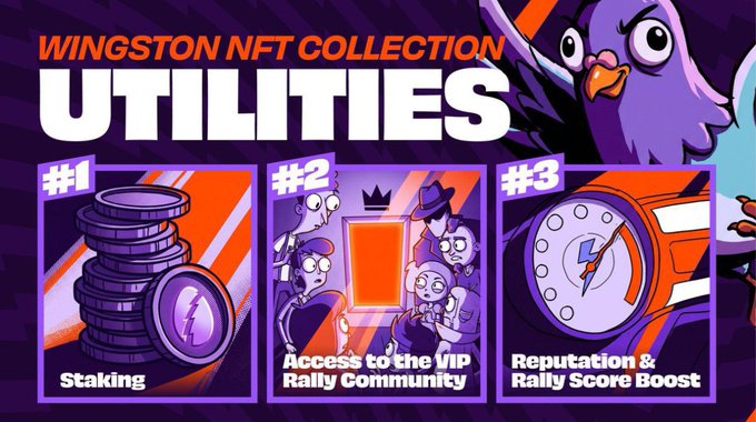 The image features a cartoon bird with an angry expression, surrounded by various objects such as coins, a clock, and a book. The text "Wingston NFT Collection Utilities" is displayed at the top of the image, along with three different scenes representing the utilities available in the collection. These utilities include staking, reputation management, and rally boosting features for the NFTs.